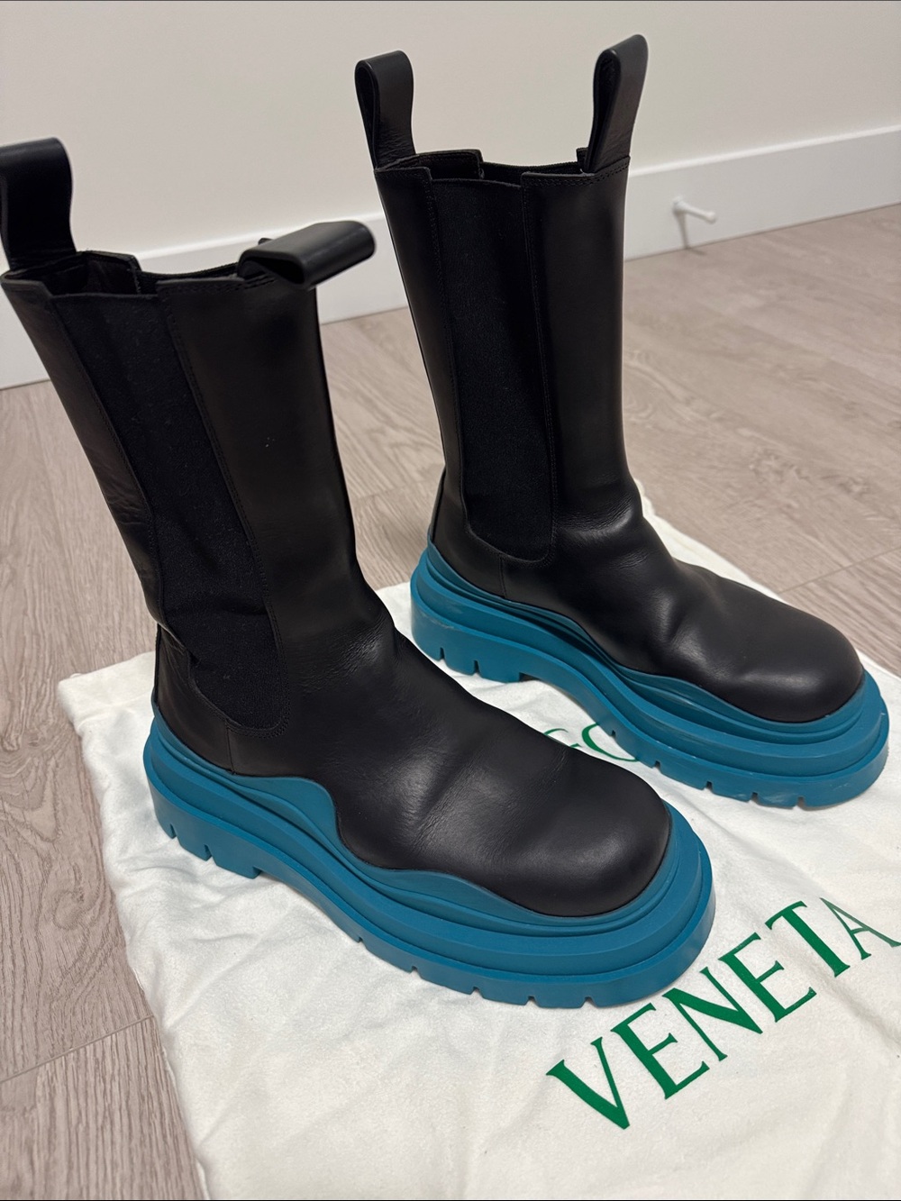 Bottega Veneta Black Leather Women’s Platform Boots with Teal Blue Sole